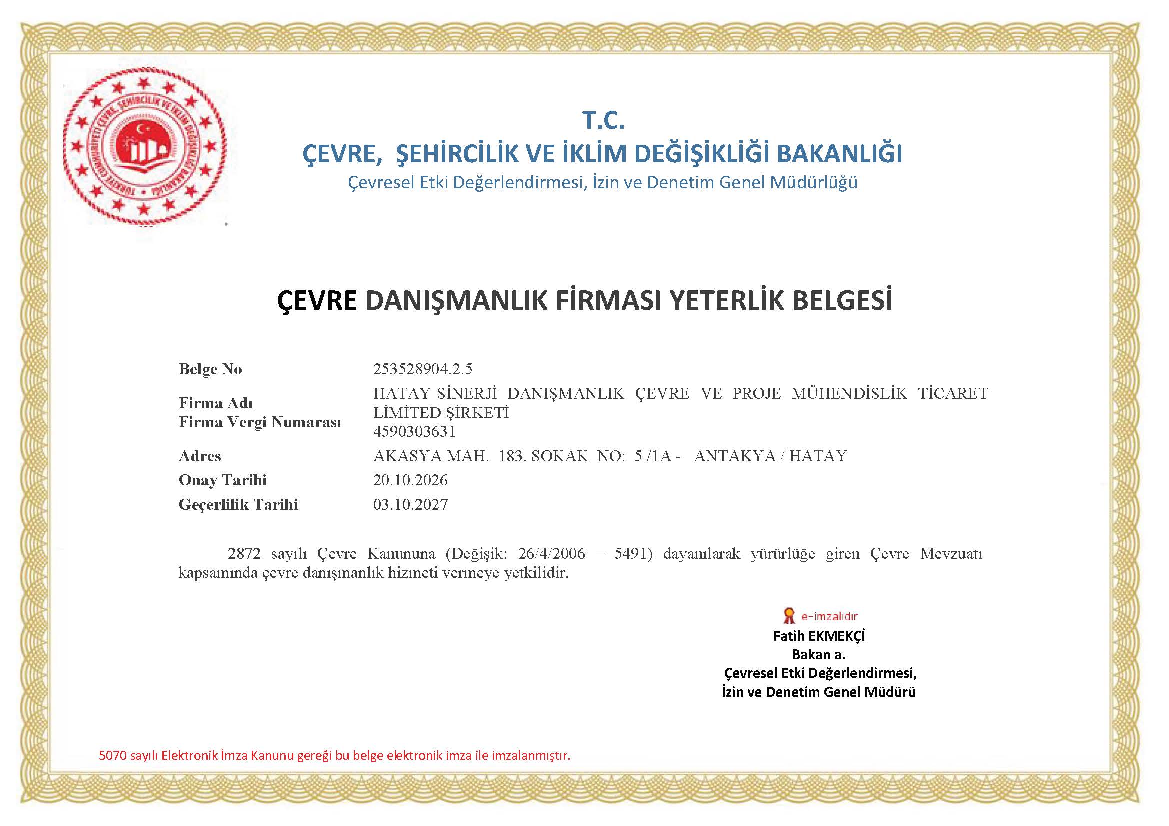 Çevre Danışmanlık Yeterlik Belgesi